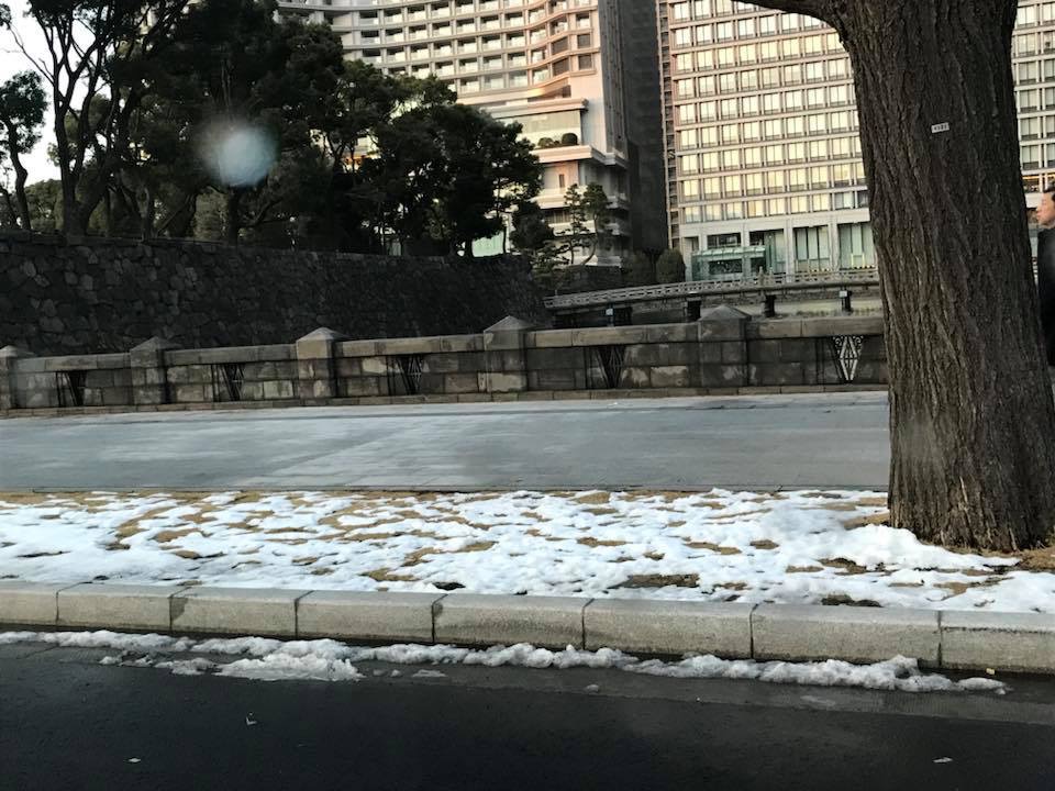 皇居前の和田倉堀付近、昨日の大雪がウソだったかのように少し雪が残っている程度